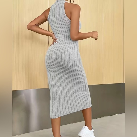 🔥SEXY Grey Ribbed Sleeveless Bodycon Midi Dress Sz M 6 - Picture 2 of 4